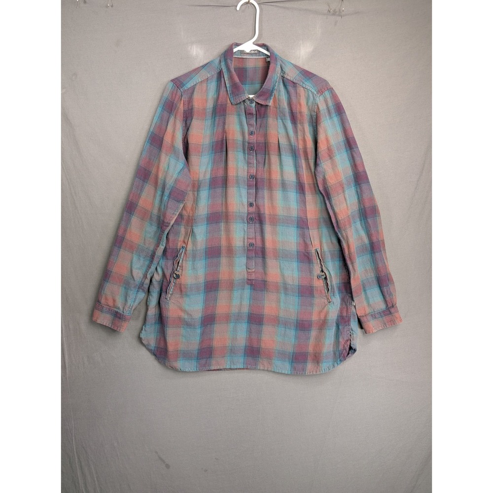 Toad&Co Womens Plaid Flannel Tunic Shirt Pockets Blue Pink Purple Size Large